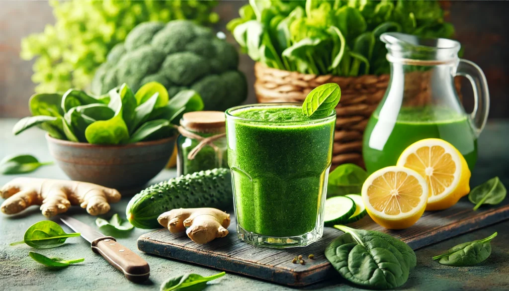 7-Day Liver Detox Diet Plan: A Science-Backed Guide to Supporting Your Body’s Natural Cleansing Process 2 A refreshing green detox smoothie in a glass, surrounded by fresh ingredients like spinach, kale, cucumber, ginger, and lemon on a rustic kitchen counter with a softly lit natural backdrop