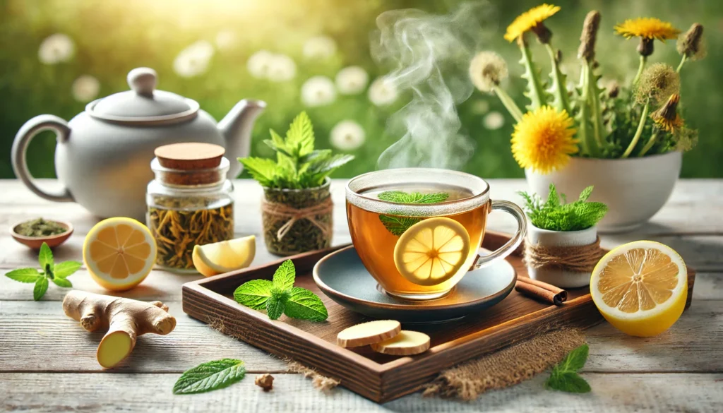 7-Day Liver Detox Diet Plan: A Science-Backed Guide to Supporting Your Body’s Natural Cleansing Process 3 A calming wellness scene featuring a steaming cup of herbal detox tea with dandelion, ginger, and mint, placed on a wooden tray with a teapot, fresh herbs, and a lemon slice, set against a softly lit natural background