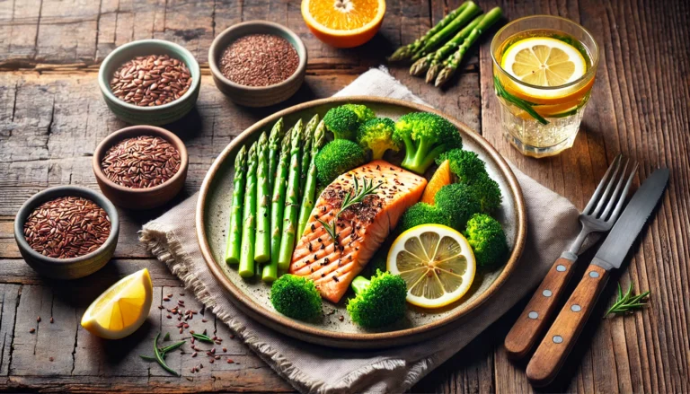 A beautifully plated liver-cleansing meal with grilled salmon, steamed broccoli, asparagus, and a citrus garnish, served on a rustic wooden table with a small bowl of flaxseeds and a glass of infused lemon water