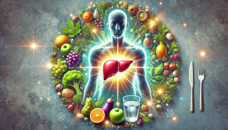 A symbolic representation of liver health and recovery, featuring a human figure with a glowing, healthy liver. Surrounding the figure are fresh fruits, vegetables, and a glass of water, symbolizing a healthy lifestyle. A radiant aura conveys vitality and healing