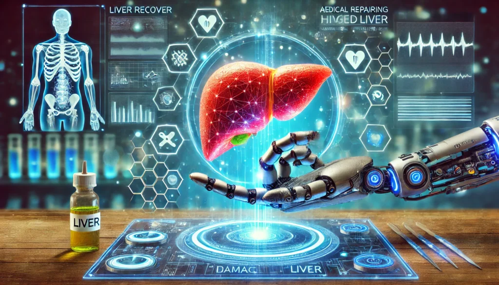 Can Liver Cirrhosis Reversal Be Achieved? What Science Says About Prevention & Recovery 1 A futuristic illustration of liver recovery through advanced medical science, featuring biotechnology repairing a damaged liver. A holographic interface displays liver health metrics, while a robotic hand or nanotechnology actively regenerates tissue in a high-tech medical laboratory setting