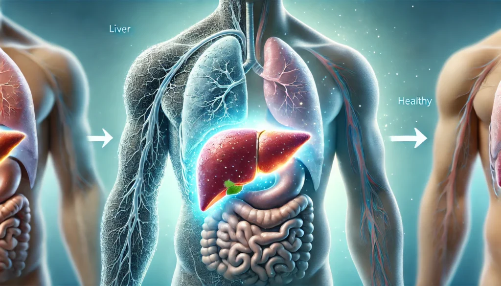 Can Liver Cirrhosis Reversal Be Achieved? What Science Says About Prevention & Recovery 3 A medical illustration of a human liver transitioning from a diseased cirrhotic state on the left, showing scarring and fibrosis, to a healthy, smooth liver on the right. A subtle glowing effect represents healing and regeneration, with a soft medical-blue gradient background