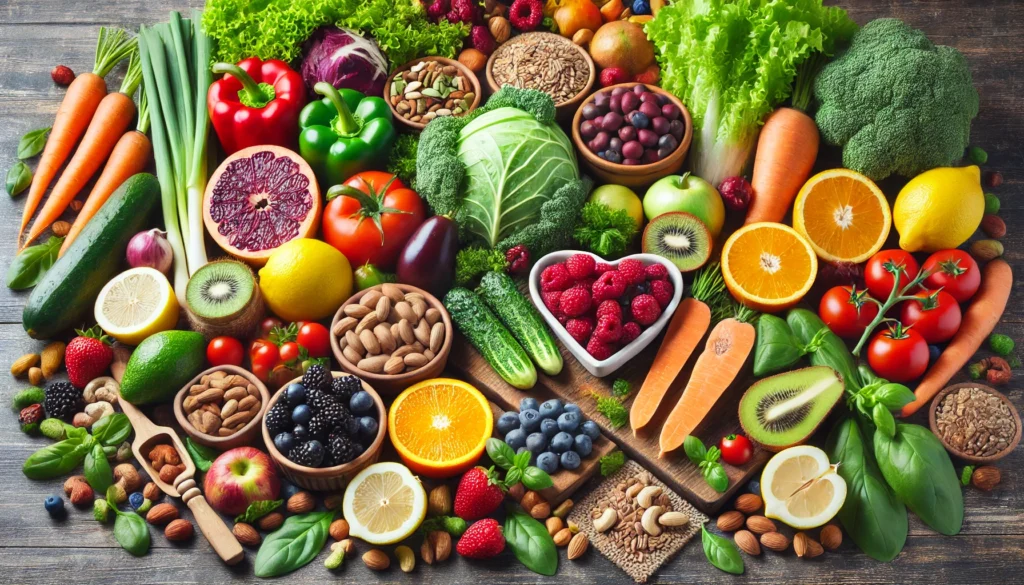 Best Diet for Cirrhosis: Foods to Eat and Avoid for Liver Health 1 A colorful assortment of fresh vegetables, fruits, and whole grains arranged on a wooden table, featuring leafy greens, berries, citrus fruits, nuts, and legumes, representing a liver-friendly diet for cirrhosis management