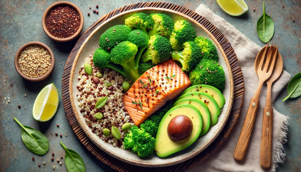 Best Diet for Cirrhosis: Foods to Eat and Avoid for Liver Health 2 A nutritious plate of grilled salmon with steamed broccoli, quinoa, and avocado slices, showcasing a liver-friendly meal rich in healthy fats, lean protein, and fiber