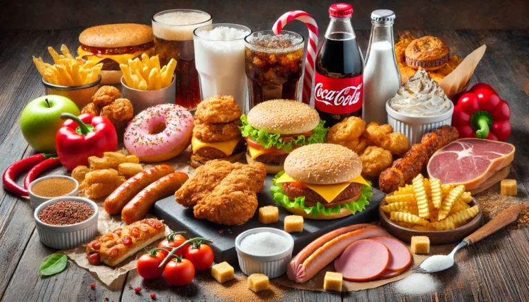 An assortment of unhealthy processed and fatty foods, including fried chicken, burgers, sausages, sugary drinks, and pastries, visually highlighting foods to avoid for liver health