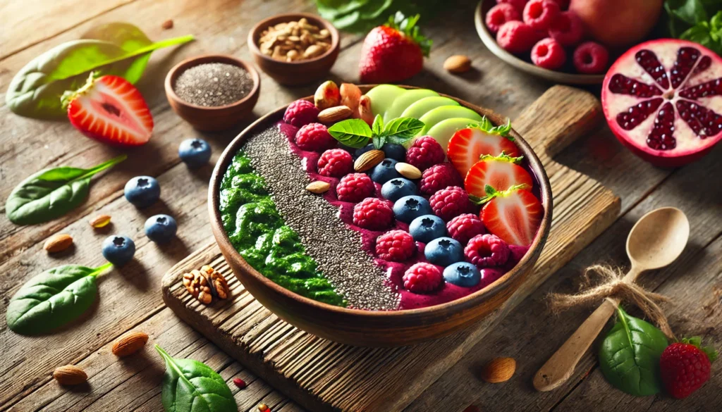Best Diet for Cirrhosis: Foods to Eat and Avoid for Liver Health 3 A vibrant detox smoothie bowl made with blended berries, spinach, and chia seeds, garnished with nuts and fresh fruits, symbolizing a nutrient-dense, liver-cleansing meal
