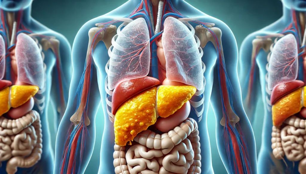 How to Recognize and Reduce Liver Belly: Signs, Causes, and Effective Strategies for Women 1 A medical illustration comparing a healthy liver and a fatty liver, showing fat buildup. The healthy liver appears smooth and reddish, while the fatty liver is enlarged and yellowish, placed within the human body's anatomy