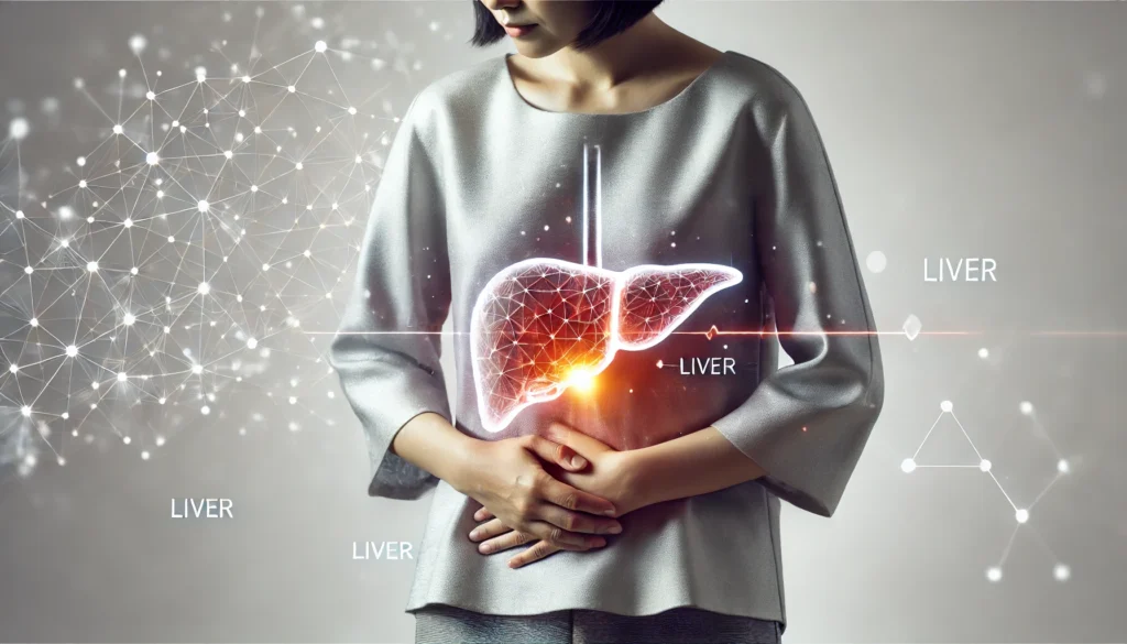 How to Recognize and Reduce Liver Belly: Signs, Causes, and Effective Strategies for Women 2 A conceptual image of a woman experiencing abdominal bloating and discomfort, highlighting the liver area with a glowing overlay. The woman gently touches her stomach, indicating pain or inflammation