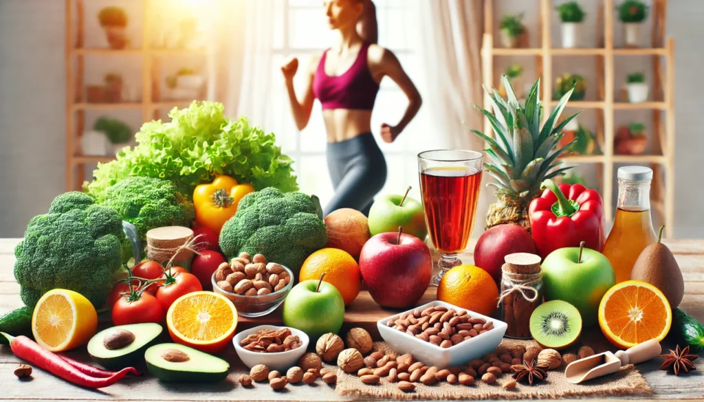 How to Recognize and Reduce Liver Belly: Signs, Causes, and Effective Strategies for Women 3 A nutrition and fitness-themed image featuring fresh vegetables, fruits, nuts, and herbal teas on a wooden table, with a woman in workout attire exercising in the background, promoting liver health and wellness