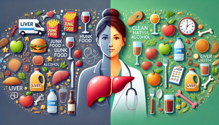 A medical and lifestyle-themed illustration showing a woman making choices for liver health; the left side depicts unhealthy habits like junk food and alcohol, while the right side highlights clean eating, hydration, and exercise, with the liver subtly emphasized at the center
