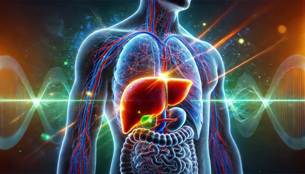 How Your Liver Naturally Processes Toxins: Key Facts and Signs of Liver Poisoning 1 A highly detailed medical illustration of a healthy human liver detoxifying the body, surrounded by glowing blue and green energy waves symbolizing toxin removal. The liver appears vibrant against a dark background, emphasizing its vital cleansing function