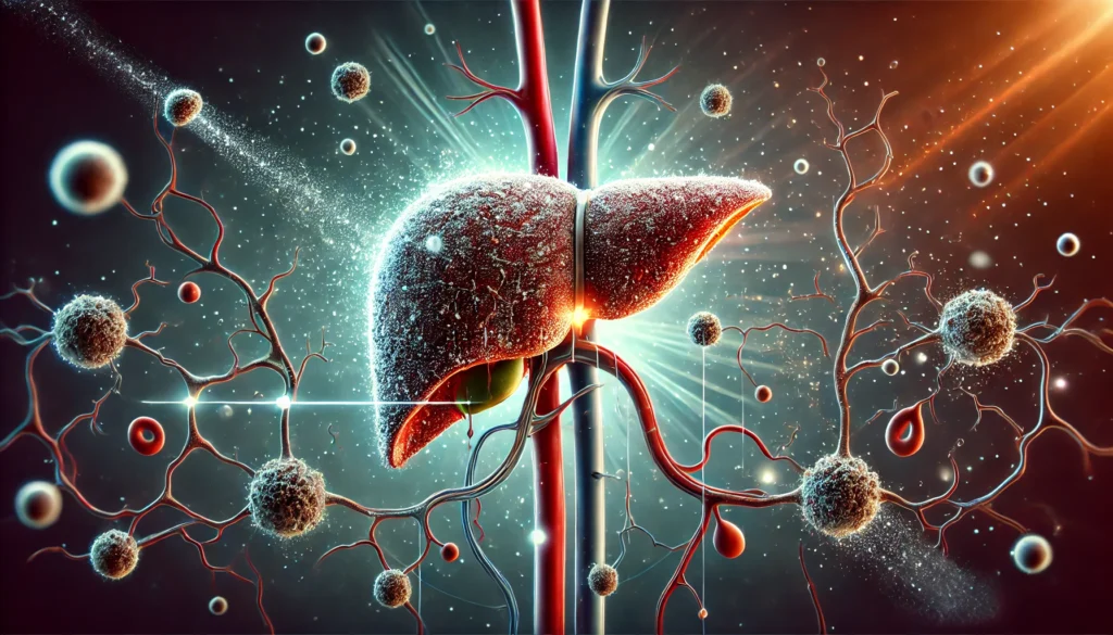 How Your Liver Naturally Processes Toxins: Key Facts and Signs of Liver Poisoning 2 A realistic medical illustration of a liver filtering toxins from the bloodstream, showing dark particles entering and purified blood leaving. The liver is connected to blood vessels, with a glowing futuristic background emphasizing detoxification