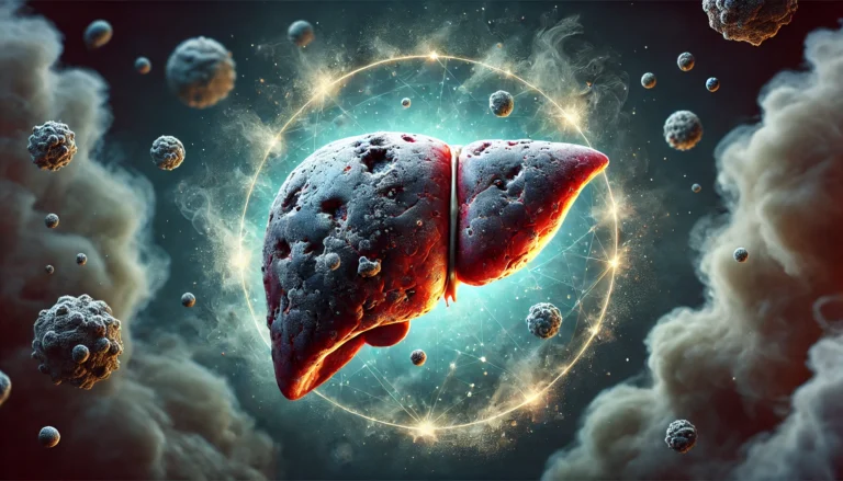 A conceptual illustration of liver damage due to toxin overload, showing an inflamed and discolored liver with dark patches, surrounded by toxic fumes. The dark, ominous background emphasizes the harmful effects of poisoning