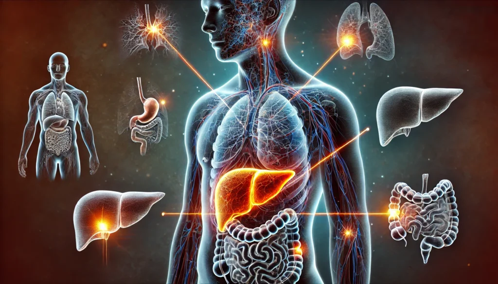 How Your Liver Naturally Processes Toxins: Key Facts and Signs of Liver Poisoning 3 A medical-style depiction of early signs of liver poisoning, showing a stressed and inflamed liver with visible damage. Abstract glowing pain signals connect to the skin, eyes, and digestive system, indicating symptoms like jaundice and discomfort