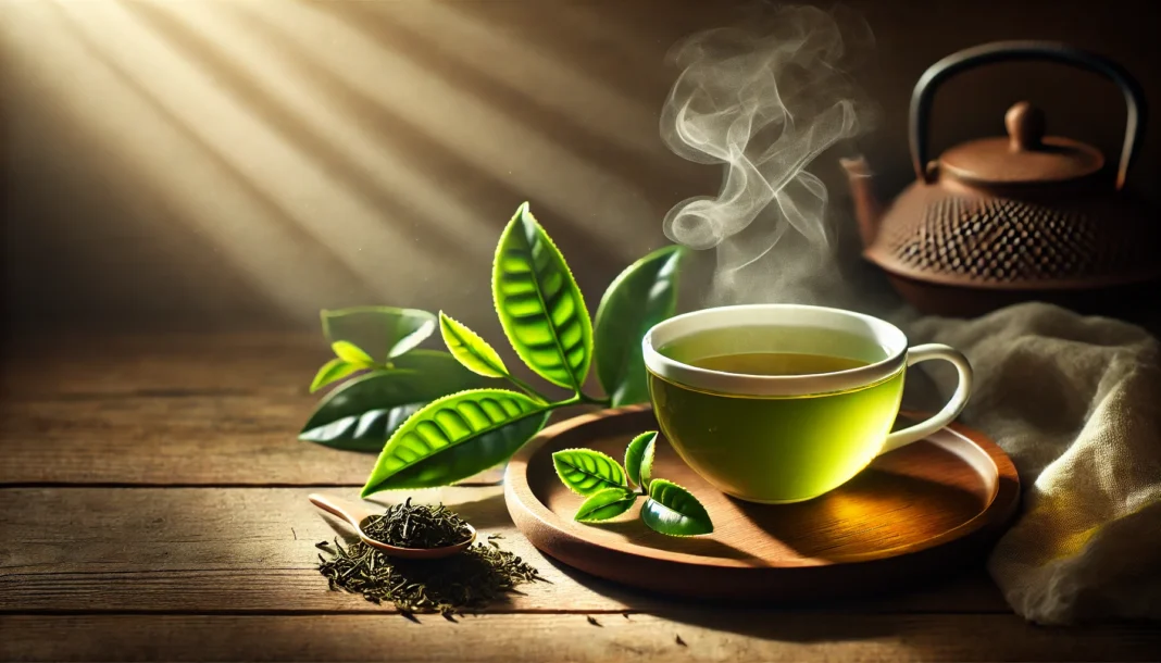 A steaming cup of fresh green tea with vibrant green tea leaves, placed on a wooden surface with soft natural sunlight, symbolizing purity and health benefits