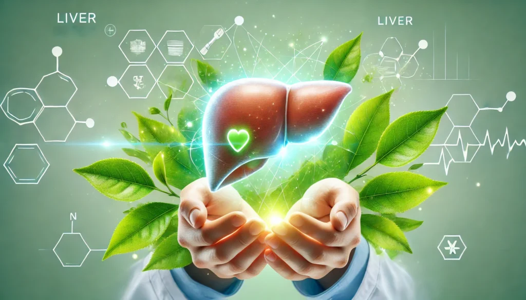 Is Green Tea Good for Liver Health? Science-Backed Benefits and Detox Support 1 A conceptual wellness image showing a glowing human liver surrounded by fresh green tea leaves, symbolizing detox support and liver health benefits