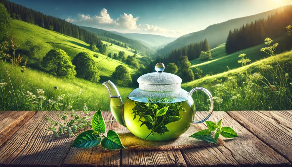 Is Green Tea Good for Liver Health? Science-Backed Benefits and Detox Support 2 A glass teapot filled with freshly brewed green tea on a rustic wooden table, set against a lush green landscape with rolling hills and a clear blue sky, symbolizing natural detox and vitality