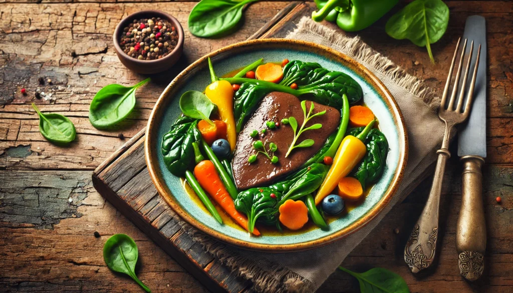 Is Liver Good for Health? Surprising Benefits You Need to Know 1 A beautifully plated dish of cooked beef liver with fresh vegetables, such as spinach, carrots, and bell peppers, on a rustic wooden table. The dish looks nutrient-rich and appetizing, emphasizing the health benefits of liver