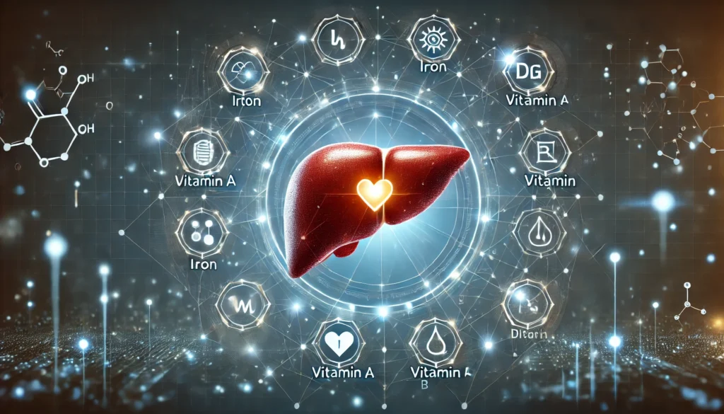 Is Liver Good for Health? Surprising Benefits You Need to Know 2 A scientific illustration of a stylized liver shape surrounded by glowing icons representing essential vitamins and minerals like iron, vitamin A, and B vitamins. The futuristic background highlights the nutritional benefits of liver