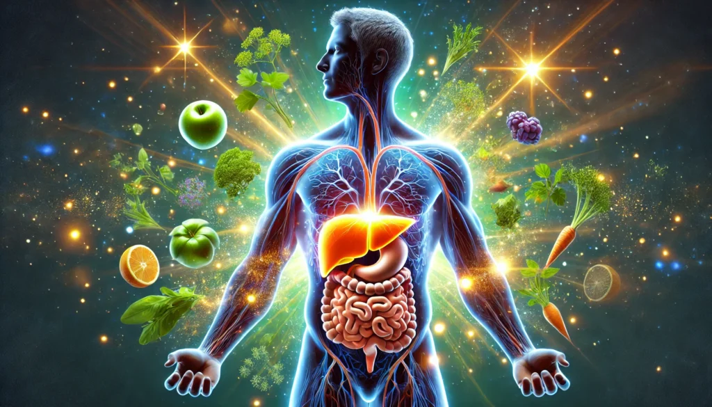 Is Liver Good for Health? Surprising Benefits You Need to Know 3 A glowing, healthy human silhouette with an illuminated liver, surrounded by fresh vegetables, herbs, and floating energy orbs. The image symbolizes vitality and the health benefits of consuming liver