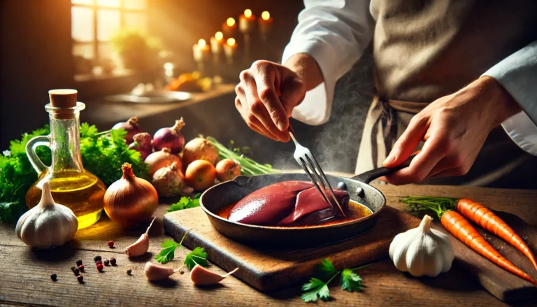 A close-up of a chef carefully cooking beef liver in a pan, surrounded by fresh ingredients like garlic, onions, and herbs in a professional kitchen. The warm lighting highlights the nutrient-rich nature of the food, symbolizing its health benefits