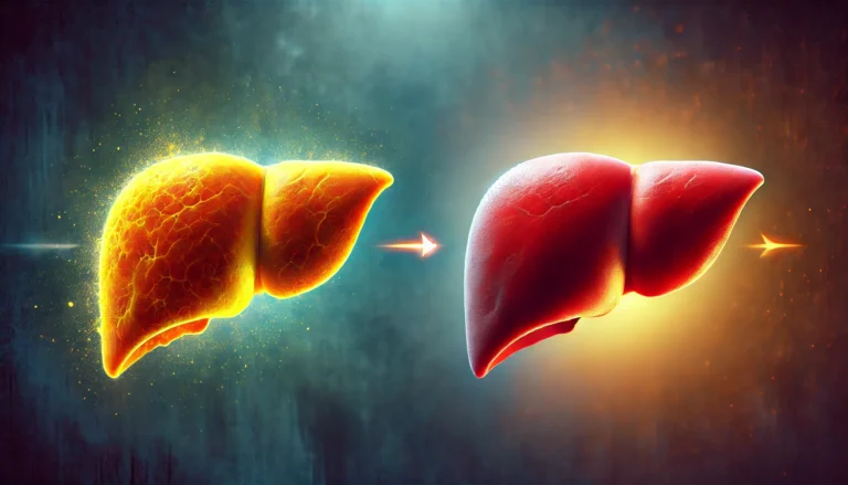 A conceptual illustration showing the transition from an unhealthy fatty liver, yellowish and inflamed, to a smooth, reddish healthy liver, symbolizing recovery from fatty liver disease