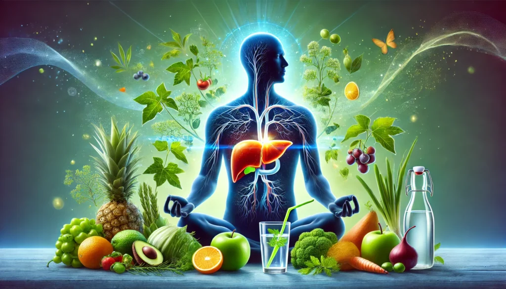 How Long Does It Take to Reverse Fatty Liver Disease? Expert Insights on Recovery and Prevention 1 A symbolic illustration of liver detox, featuring a glowing liver within a human silhouette, surrounded by fresh vegetables, fruits, and a glass of water, representing natural healing and recovery