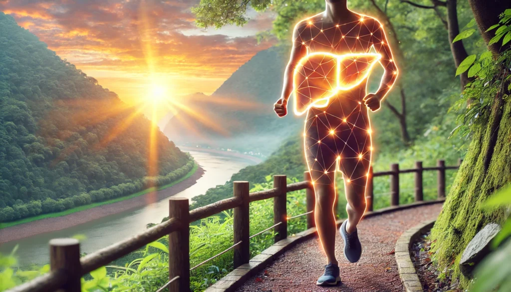 How Long Does It Take to Reverse Fatty Liver Disease? Expert Insights on Recovery and Prevention 2 An inspiring scene of a person jogging at sunrise on a scenic nature trail, with a glowing liver outline subtly integrated into their body, symbolizing the benefits of exercise for liver health