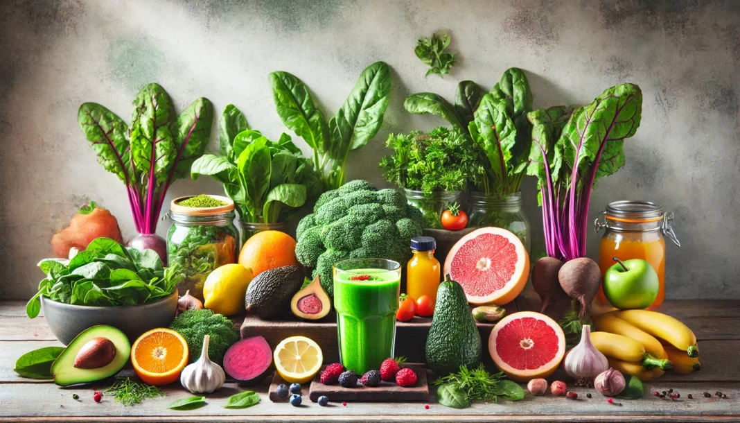 A vibrant assortment of liver-friendly foods displayed on a wooden kitchen counter, featuring leafy greens, citrus fruits, berries, avocados, beets, garlic, turmeric root, and a glass of green detox smoothie, bathed in soft natural lighting to emphasize freshness and health benefits for liver detoxification