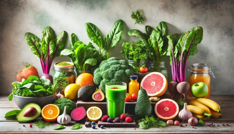 A vibrant assortment of liver-friendly foods displayed on a wooden kitchen counter, featuring leafy greens, citrus fruits, berries, avocados, beets, garlic, turmeric root, and a glass of green detox smoothie, bathed in soft natural lighting to emphasize freshness and health benefits for liver detoxification