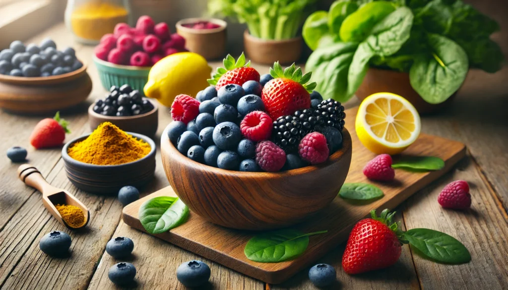 A wooden bowl filled with antioxidant-rich berries, including blueberries, strawberries, and raspberries, surrounded by fresh leafy greens, a sliced lemon, and a small dish of turmeric powder on a rustic wooden table, highlighting nutrient-packed foods beneficial for liver cleansing and detoxification