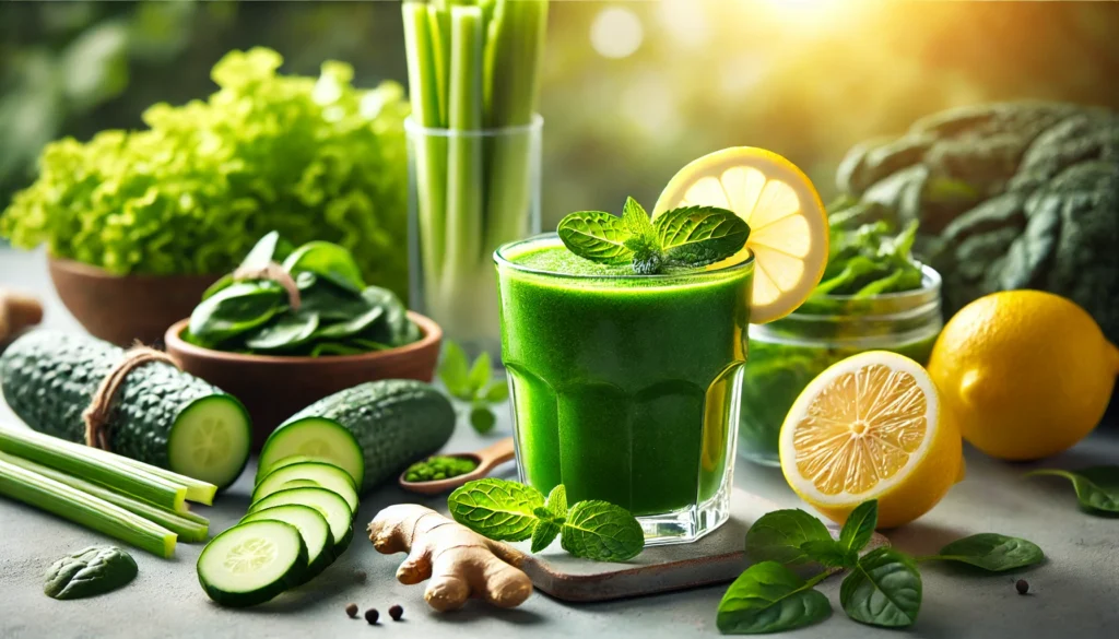 A close-up of a glass filled with a vibrant green detox smoothie, garnished with a slice of lemon and fresh mint leaves, surrounded by fresh liver-cleansing ingredients like spinach, kale, celery, cucumber, and ginger root, set against a softly blurred background with warm natural lighting