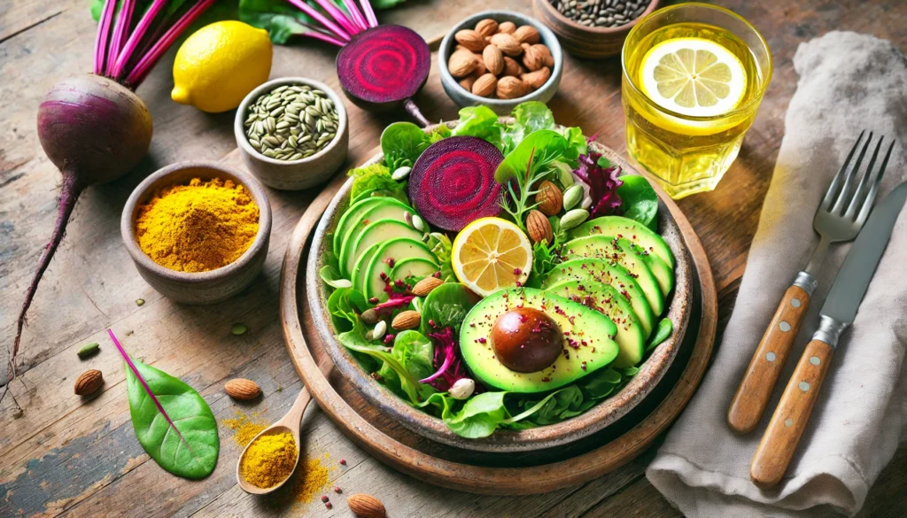 A top-down view of a fresh and colorful liver detox meal, featuring a salad with leafy greens, sliced avocados, beets, nuts, and seeds on a rustic ceramic plate, accompanied by a glass of warm lemon water and a small dish of turmeric powder, arranged on a natural wooden table with soft natural lighting