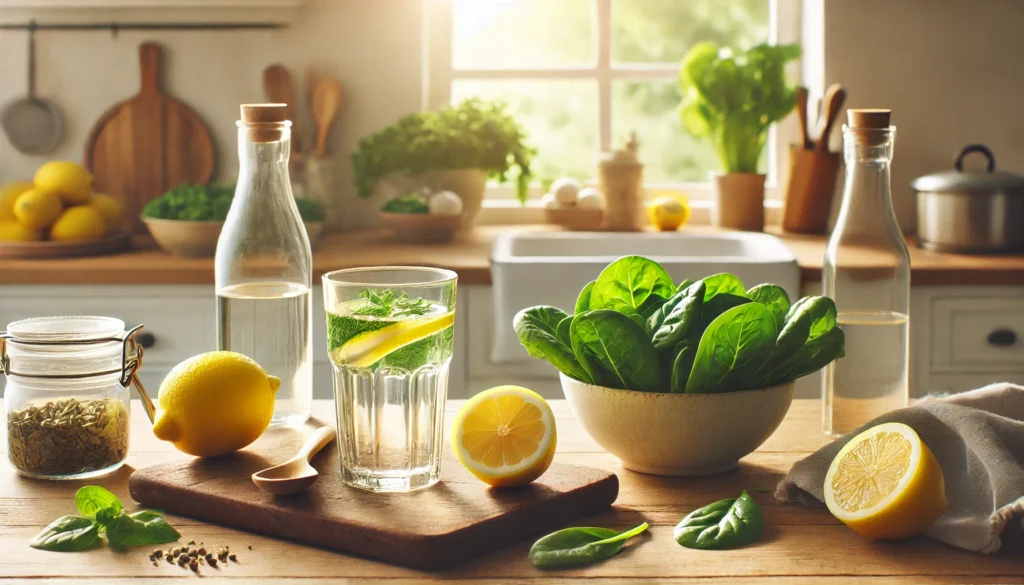 How to Reduce an Inflamed Liver Naturally: Effective Remedies for Pain Relief at Home 1 A serene kitchen scene with a glass of freshly squeezed lemon water, a bowl of leafy greens, and a bottle of olive oil on a wooden countertop. Soft natural light filters through a window, highlighting the healthy ingredients associated with liver detoxification. A peaceful and natural home setting emphasizing wellness