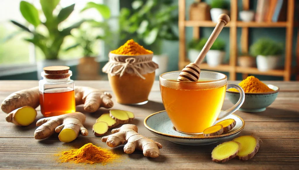 How to Reduce an Inflamed Liver Naturally: Effective Remedies for Pain Relief at Home 2 A cozy home setting with a warm herbal tea cup infused with turmeric and ginger on a wooden table. Surrounding it are fresh ginger roots, turmeric powder, and a honey jar, representing natural anti-inflammatory remedies for liver health. The background is softly blurred with indoor plants, giving a calming and healing atmosphere