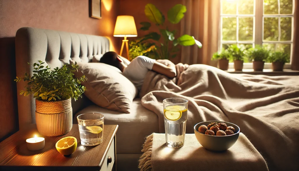 How to Reduce an Inflamed Liver Naturally: Effective Remedies for Pain Relief at Home 3 A peaceful bedroom scene with a person resting comfortably in bed, covered with a soft blanket. A small bedside table holds a glass of water with lemon slices and a bowl of walnuts, symbolizing foods that support liver recovery. The room has warm lighting and indoor plants, evoking a sense of relaxation and healing