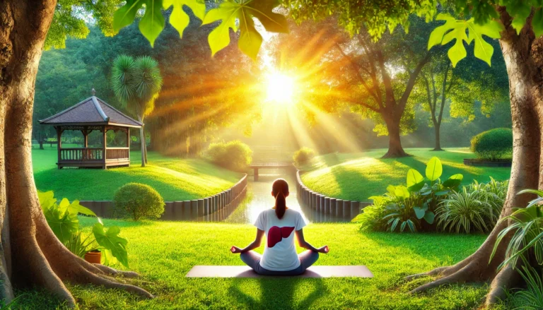 A vibrant outdoor scene with a person practicing yoga in a lush green park during sunrise. The person is sitting cross-legged in a meditation pose, surrounded by fresh air and nature, symbolizing stress reduction and holistic wellness for liver health. The sunlight casts a golden glow, enhancing the peaceful atmosphere