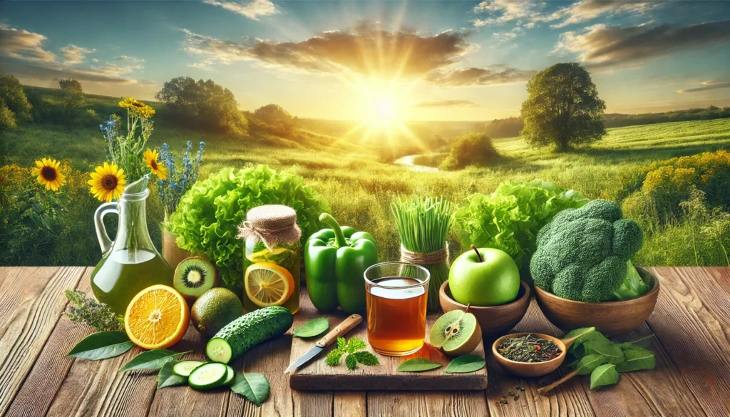 A serene wooden table adorned with fresh green vegetables, fruits, and herbal teas, symbolizing natural liver detox and healing. The background features a peaceful sunrise over a meadow, evoking a sense of rejuvenation and well-being