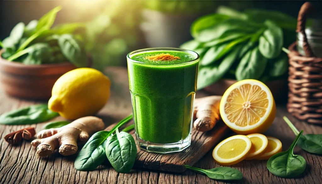 How to Lower High Liver Enzymes Naturally: Effective Strategies for Faster Liver Recovery 2 A refreshing green smoothie made from spinach, lemon, and turmeric, placed on a rustic wooden table. Surrounding the glass are fresh ginger root, lemon slices, and herbs, with soft natural lighting enhancing the feeling of vitality and detoxification