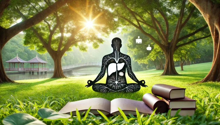 A serene yoga and meditation scene in a lush green park, featuring a person meditating cross-legged on a yoga mat. Surrounded by trees and fresh air, the warm morning sunlight filters through the leaves, promoting relaxation and liver health
