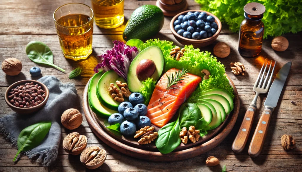 How to Lower High Liver Enzymes Naturally: Effective Strategies for Faster Liver Recovery 3 A beautifully arranged plate of liver-friendly foods, including salmon, avocado, walnuts, blueberries, and leafy greens, placed on a rustic wooden table. The bright natural sunlight enhances the freshness and health benefits of the nutrient-rich meal