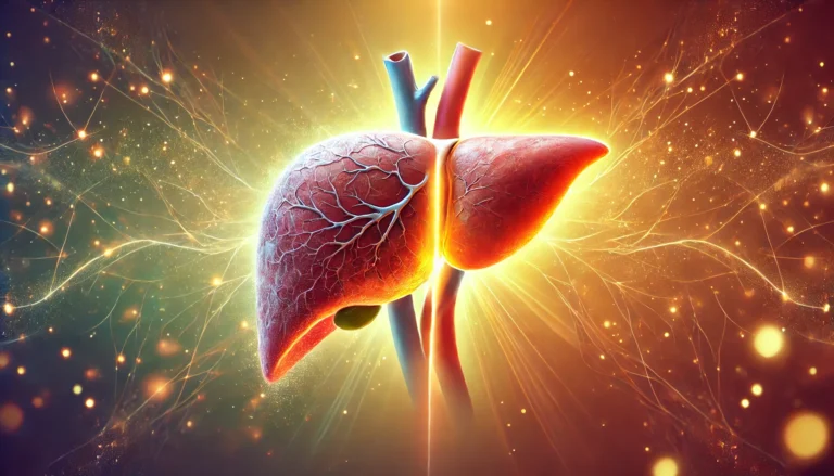 A digital painting showing the transformation of a human liver from a damaged state to a healthy, regenerated organ. One side appears inflamed and scarred, while the other glows with vitality, surrounded by soft golden light, symbolizing recovery. The background features warm, calming abstract colors