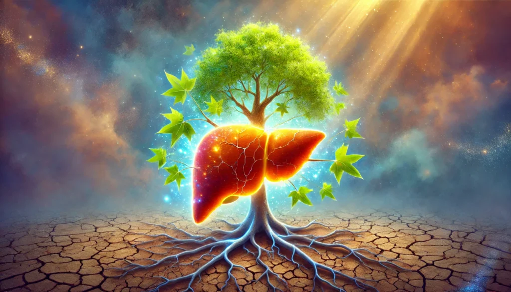 How Long Does It Take for the Liver to Heal? Expert Insights on Recovery from Alcohol-Related Damage 1 A surreal illustration of a glowing tree growing from a regenerating liver, symbolizing renewal and vitality. The roots extend into dry, cracked terrain, while the branches flourish with lush green leaves, representing recovery. The background blends soft blues and warm golds, evoking hope and restoration