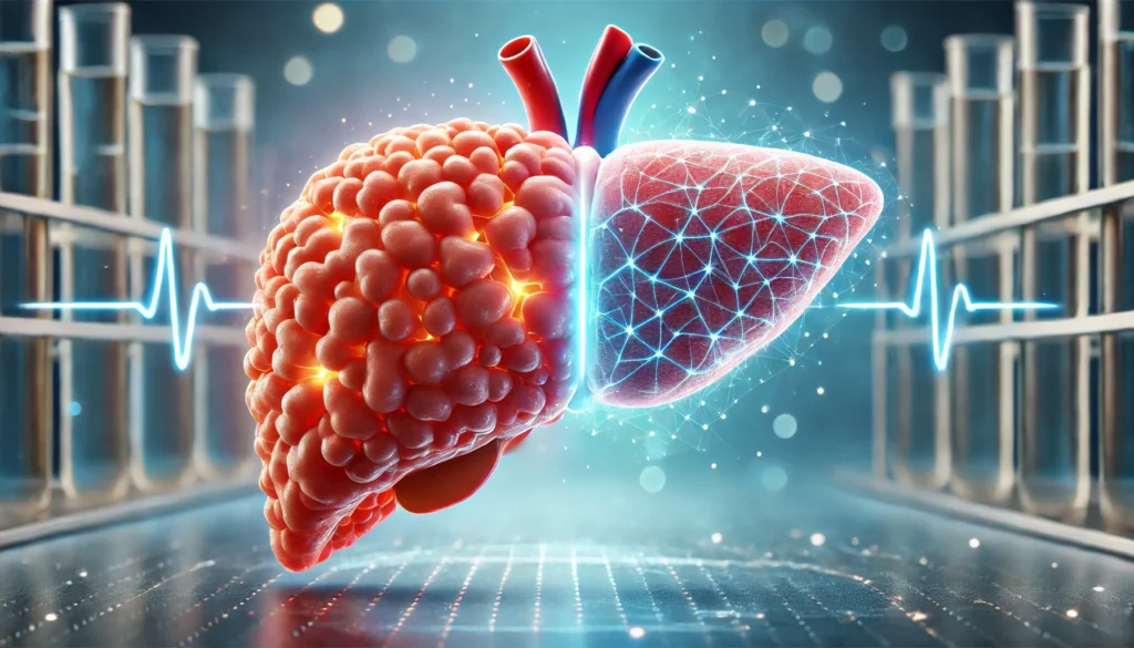 How Long Does It Take for the Liver to Heal? Expert Insights on Recovery from Alcohol-Related Damage 2 A medical-style 3D rendering of a human liver healing from alcohol-related damage. The image features a side-by-side comparison, with one part appearing inflamed and fibrotic, while the other is smooth, healthy, and regenerating. Soft glowing light highlights the transformation, set against a futuristic medical background in calming blue hues