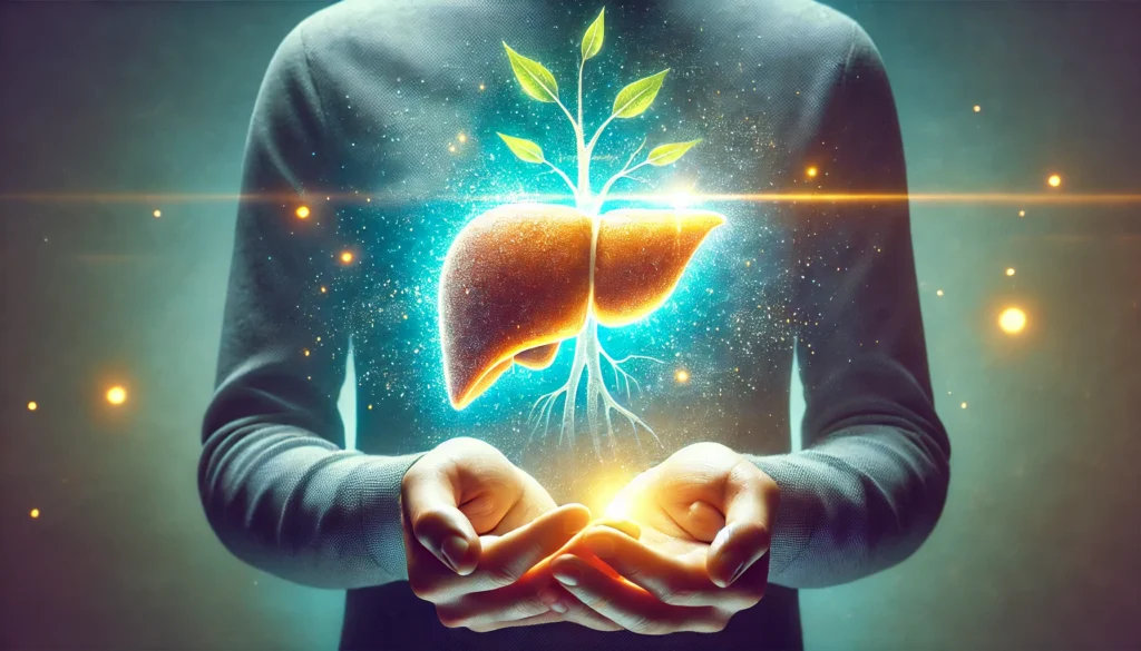 How Long Does It Take for the Liver to Heal? Expert Insights on Recovery from Alcohol-Related Damage 3 A symbolic conceptual artwork showing a person gently holding a glowing, healthy liver in their hands, surrounded by a soft aura of healing energy. The background blends calming blues and greens, symbolizing renewal and vitality. Small golden particles float around the liver, representing regeneration and hope