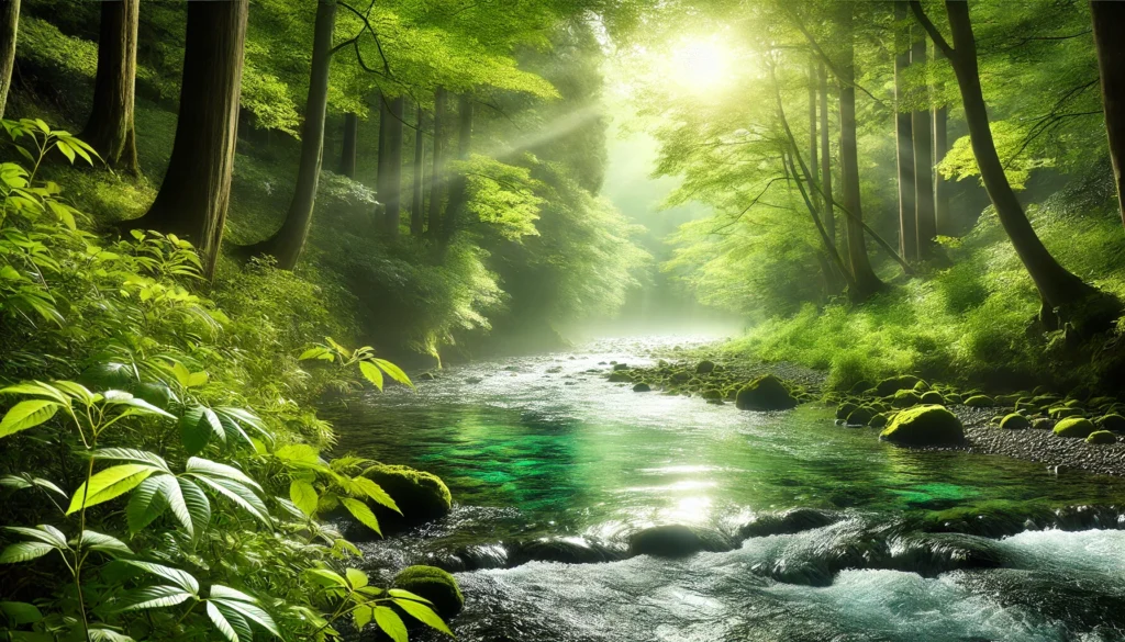 How Long Does a Colon and Liver Cleanse Take? A Science-Backed Guide to Detoxification 1 A tranquil natural landscape featuring a crystal-clear river flowing through a lush green forest. The pristine water reflects sunlight filtering through the dense foliage, symbolizing purification, detoxification, and inner cleansing. The scene evokes a sense of renewal and vitality