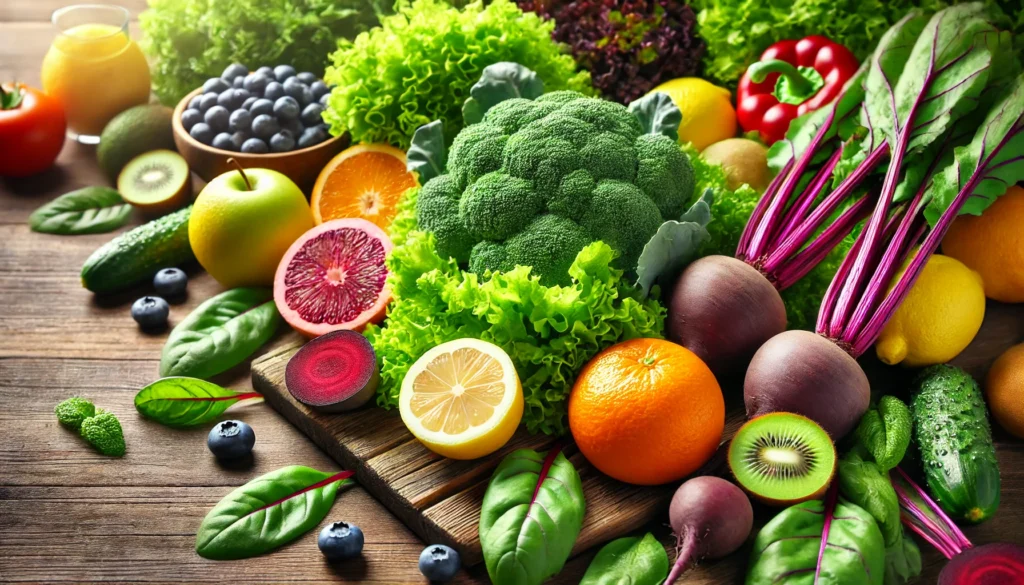 How Long Does a Colon and Liver Cleanse Take? A Science-Backed Guide to Detoxification 2 A vibrant close-up of fresh, organic vegetables and fruits, including leafy greens, citrus, and beets, beautifully arranged on a rustic wooden table. The rich colors and fresh textures symbolize natural detoxification and a nutrient-rich diet supporting colon and liver cleansing