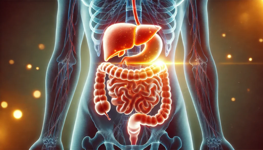 How Long Does a Colon and Liver Cleanse Take? A Science-Backed Guide to Detoxification 3 A conceptual digital illustration of a glowing human digestive system, focusing on the colon and liver. The organs appear clean, illuminated with a soft, healthy glow, symbolizing the benefits of detoxification and internal cleansing for overall well-being