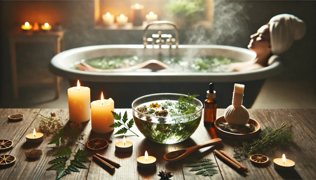 A peaceful spa-like setting featuring a person soaking in a warm herbal detox bath, surrounded by soft candlelight and steaming water infused with natural herbs. The serene ambiance represents relaxation, rejuvenation, and the body’s natural cleansing process