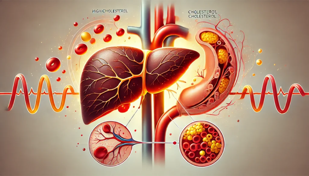 How High Cholesterol and Fatty Liver Are Connected: What You Need to Know for Better Health 1 A conceptual medical illustration depicting the connection between high cholesterol and fatty liver. The image features a split view, showing an unhealthy liver with fat accumulation and inflammation on one side and cholesterol plaques in arteries on the other. A bloodstream visually connects the two, emphasizing their relationship. Warm colors like reds and yellows highlight the health risks